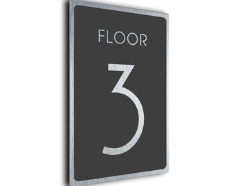 Custom Floor Number Sign: Brushed Silver Metal, Wayfinding Direction