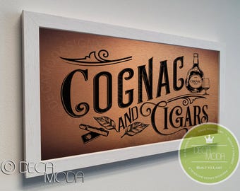 Cognac and Cigars Bar Sign: Brushed Metal, Walnut Frame