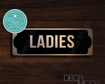 Brushed Copper Ladies Bathroom Sign: 9x3 Inch Door Sign