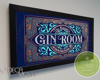 Personalized Gin Room Sign: Brushed Metal Finish, Walnut Frame