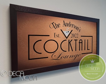 Personalized Cocktail Lounge Sign: Brushed Metal, Wood Frame