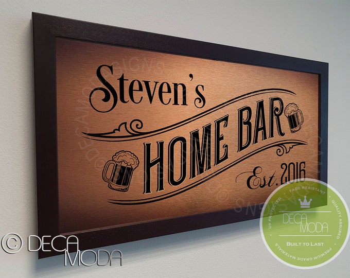 CUSTOM HOME BAR Sign, Home Bar Sign, Custom Signs, Brushed Metal Finish, Wood Frame, Custom Home Bar, Home Bar Decor, Home Bar Sign