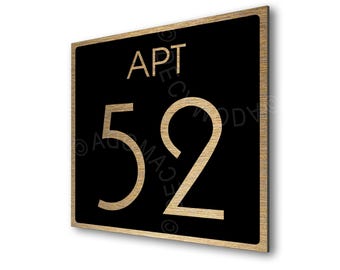Custom Apartment Number Sign: Brushed Gold on Black, Contemporary Condo Decor