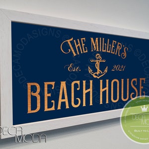 Personalized BEACH HOUSE Sign, FR102-NC, Beach House, Custom Signs, Brushed Metal Finish, Wood Frame, Custom Beach House, Beach House Signs