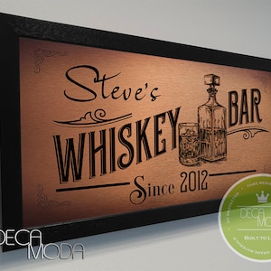 Personalized Whiskey Bar Sign: Brushed Metal, Walnut Frame