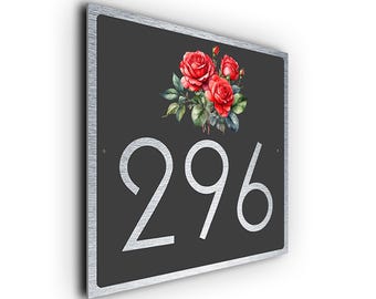 Rose House Number Sign: Brushed Aluminum Outdoor Plaque