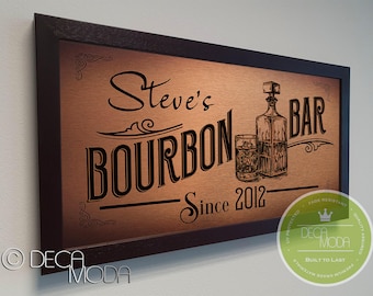 Personalized Bourbon Bar Sign: Brushed Metal Finish, Wood Frame
