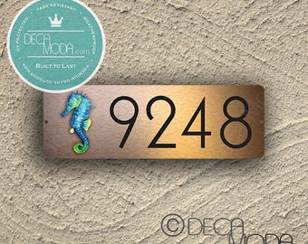 Seahorse Address Sign, Weatherproof Coastal House Number Plaque for Outdoor Entrances