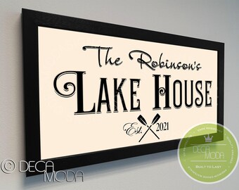 Personalized Lake House Sign: Walnut Wood Frame, Custom Family Name
