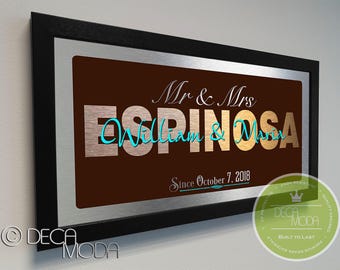 Personalized Wedding Sign: Brushed Metal, Walnut Frame, Family Name