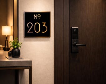 Modern Black and Copper Hotel Room Number Sign: - Luxury Boutique and Apartment Signage
