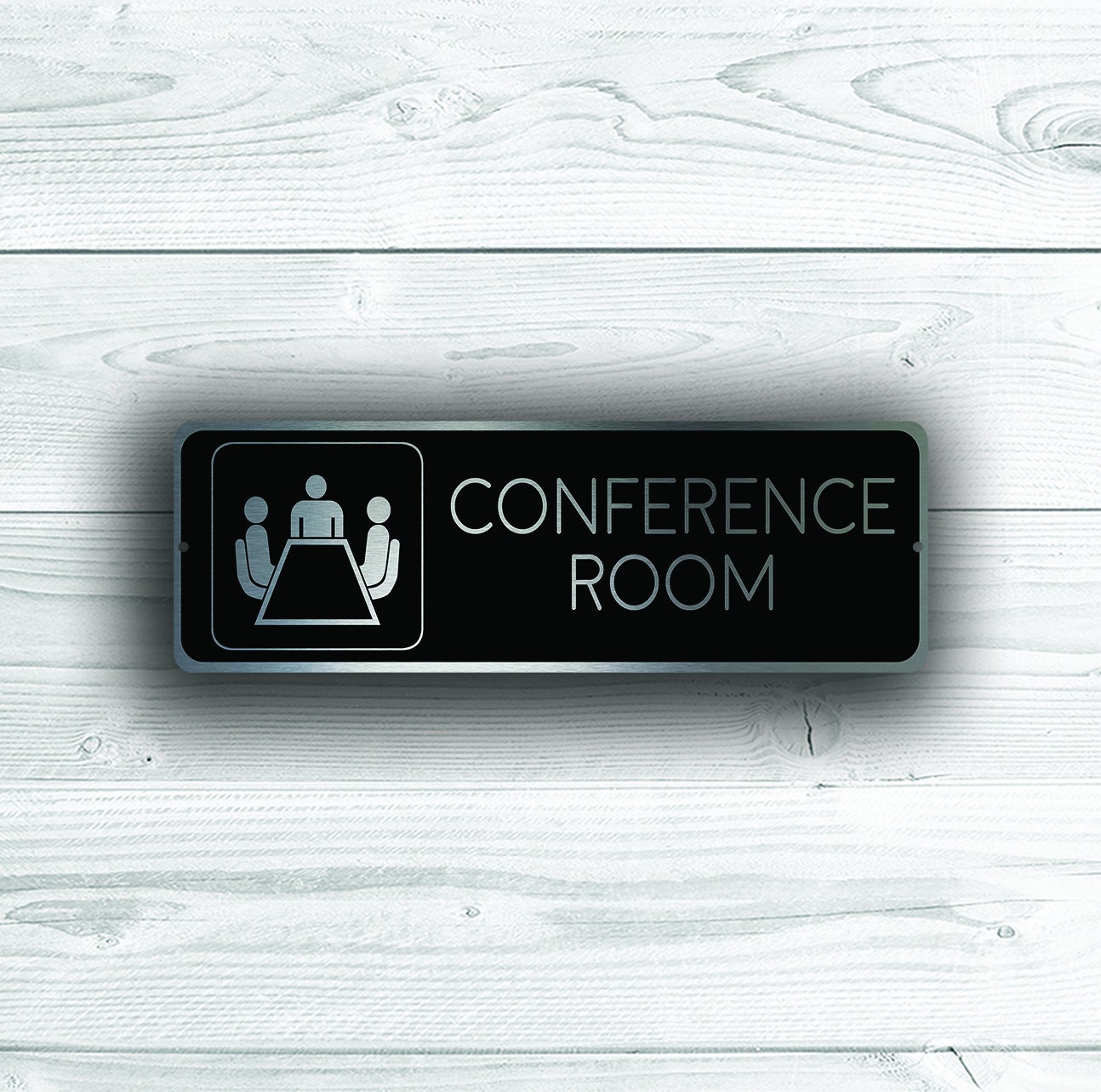 Conference Room Door Sign With Slider - Reusable Whiteboard & Paper Insert, Brushed Silver, No-Drill Adhesive