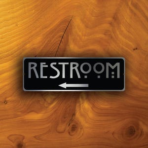 Brushed Silver Restroom Sign: Aluminum Composite, Directional Plaque