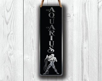 Aquarius Zodiac Sign Wall Art: Brushed Silver Hanging Plaque