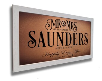 Personalized Mr & Mrs Wedding Sign: Walnut Wood Frame, Brushed Metal