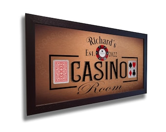 Placa personalizada para sala de cassino: moldura de madeira de nogueira, metal escovado.