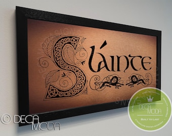 Slainte Sign: Irish Home Bar Decor, Brushed Metal Finish, Wood Frame