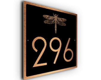 Dragonfly House Number Sign: Brushed Aluminum Outdoor Plaque