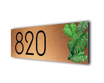 Monstera Address Sign: Brushed Metal Custom House Number
