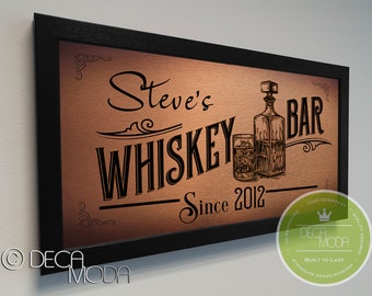 PERSONALIZED WHISKEY Bar Sign, Bar Sign, Custom Signs, Brushed Metal Finish, Wood Frame, Custom Whiskey Bar, Bar Decor, Whiskey Bar Signs