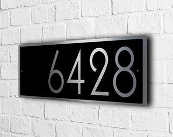 Custom House Number Sign: Black & Brushed Silver Metal Finish