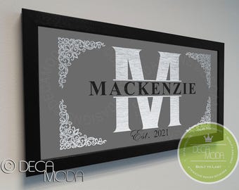 Custom Family Name Sign: Brushed Metal, Walnut Frame