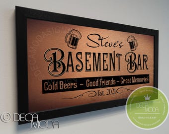 Personalized Basement Bar Sign: Brushed Metal Finish, Wood Frame