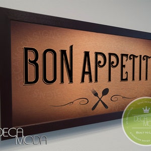 BON APPETIT, Bon Appetit Sign, Bon Appetit Signs, Kitchen Sign, Kitchen Decor, Brushed Metal Finish, Wood Frame, Kitchen Signs, Bon Appetit