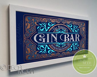 Personalized Gin Bar Sign: Brushed Metal Finish, Walnut Frame