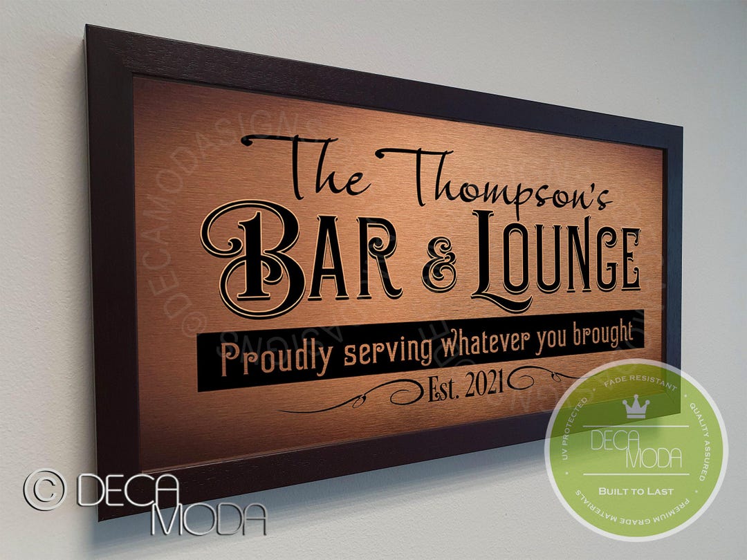 Personalized Bar and Lounge Sign: Walnut Frame, Brushed Metal - Etsy