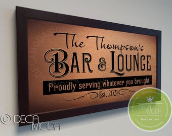 Personalized Bar and Lounge Sign: Walnut Frame, Brushed Metal