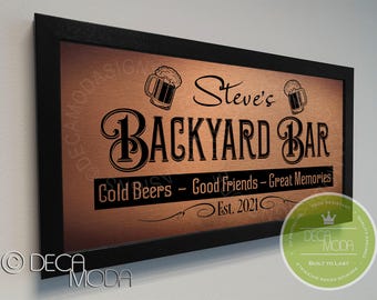 Personalized Backyard Bar Sign: Brushed Metal Finish, Walnut Frame