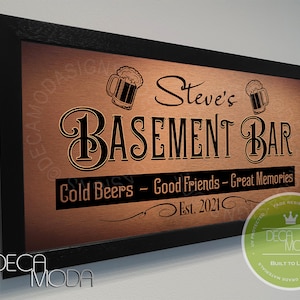 PERSONALIZED BASEMENT Bar Sign, Bar Sign, Custom Signs, Brushed Metal Finish, Wood Frame, Custom Basement Bar, Bar Decor, Basement Bar