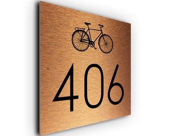 Bicycle House Number Sign: Brushed Aluminum Outdoor Plaque