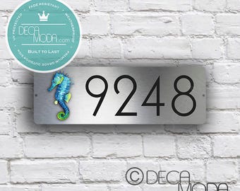 Custom Seahorse Door Number Sign, Brushed Metal Finish