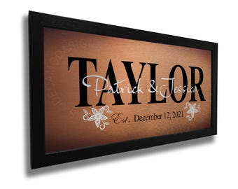 Personalized Surname Wedding Sign: Brushed Metal, Walnut Frame