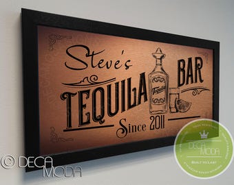 Personalized Tequila Bar Sign: Brushed Metal, Walnut Frame