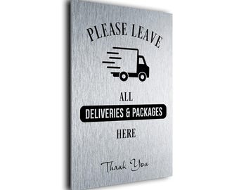 Weatherproof Deliveries Door Sign: Brushed Aluminum Package Drop-Off