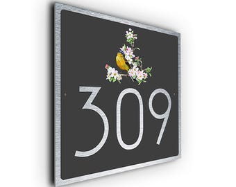 Songbird House Number Sign: Aluminum Outdoor Plaque