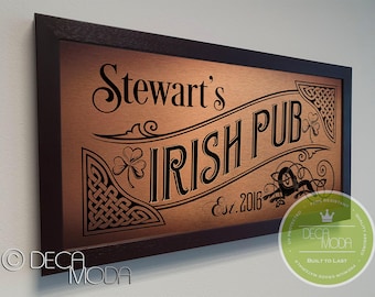 Custom Irish Pub Sign: Brushed Metal Finish, Wood Frame