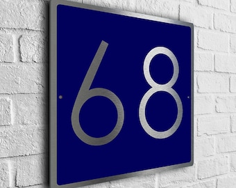 Blue Modern Address Sign, Personalized Brushed Steel House Number Plaque for Front Doors
