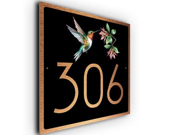Hummingbird House Number Sign: Brushed Aluminum Composite