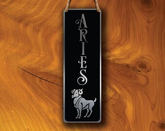 Aries Zodiac Sign Wall Art: Brushed Silver Hanging Plaque