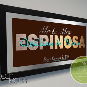 Cartello REGALO DI NOZZE PERSONALIZZATO, cartello con nome di famiglia, cartelli personalizzati per matrimoni, finitura in metallo spazzolato, cornice in legno, cognome, cartello personalizzato per matrimoni