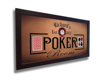 Personalized Poker Room Sign: Walnut Wood Frame, Brushed Metal