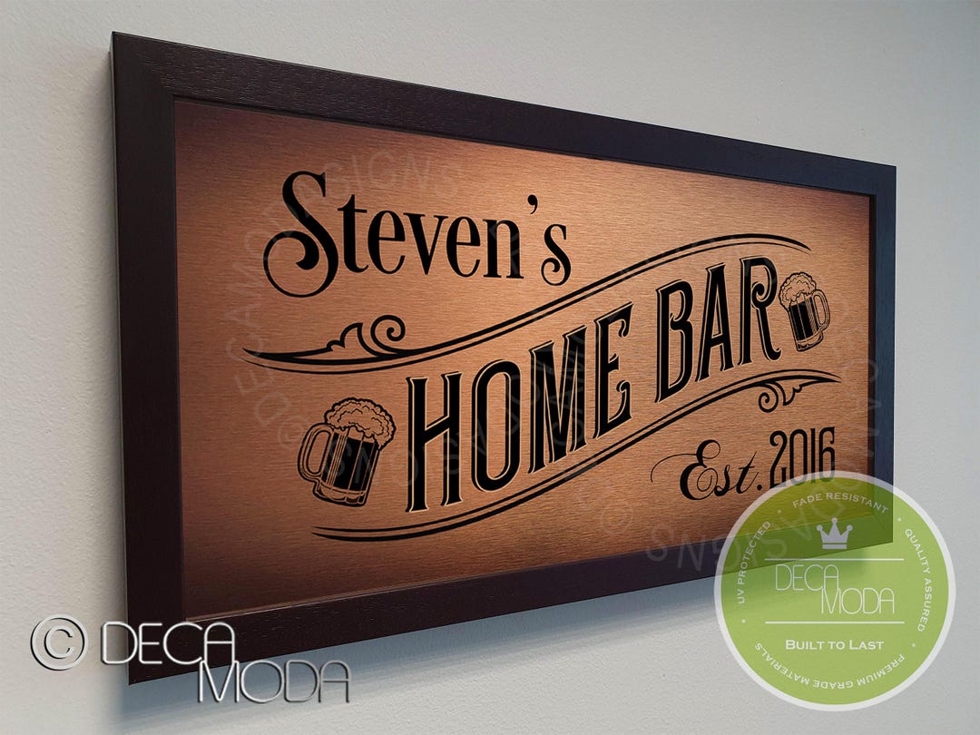 Custom Home Bar Sign: Brushed Metal Finish, Walnut Wood Frame - Etsy