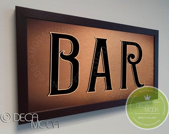 Home Bar Sign: Brushed Metal, Walnut Frame