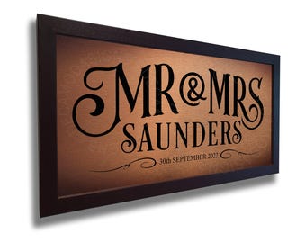 Personalized Anniversary Sign: Brushed Metal, Walnut Frame