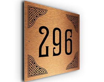 Celtic House Number Sign: Brushed Aluminum Outdoor Plaque