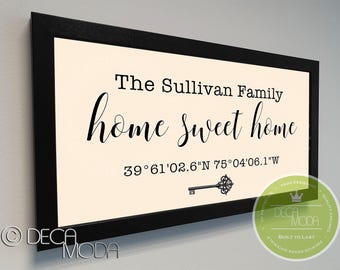 Personalisiertes Home Sweet Home Schild: GPS Koordinaten, Familienname